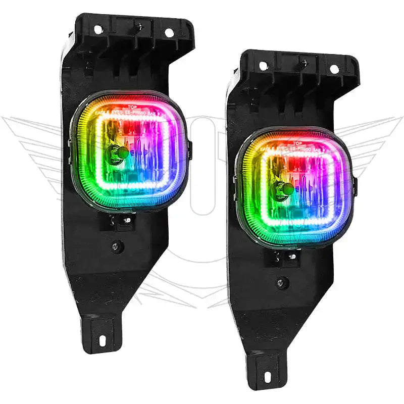 Pair of RGB LED fog lights with mounting brackets for Toyota Tacoma, off-road vehicle accessory