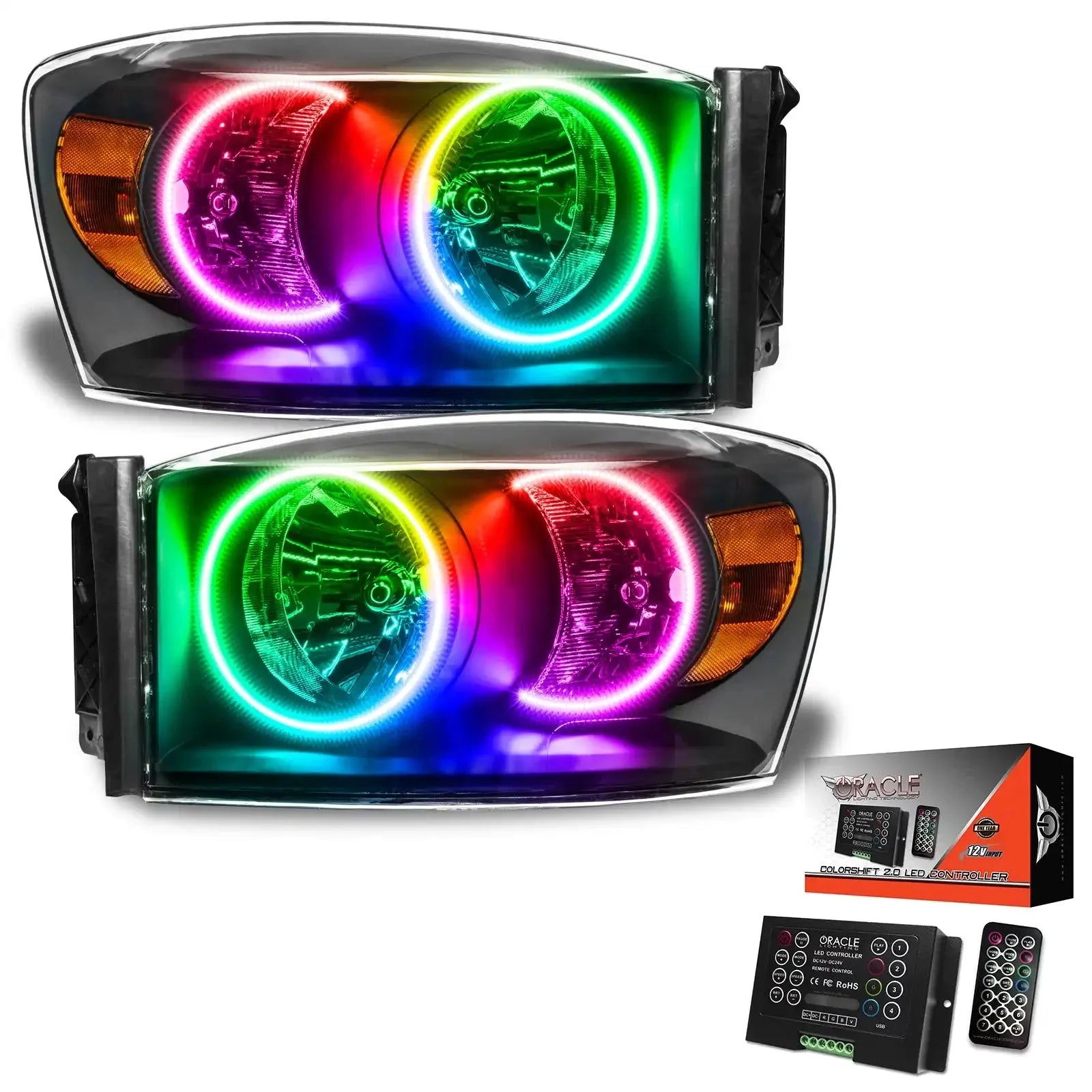 Pair of LED halo projector headlights with multicolor RGB lighting and remote controller