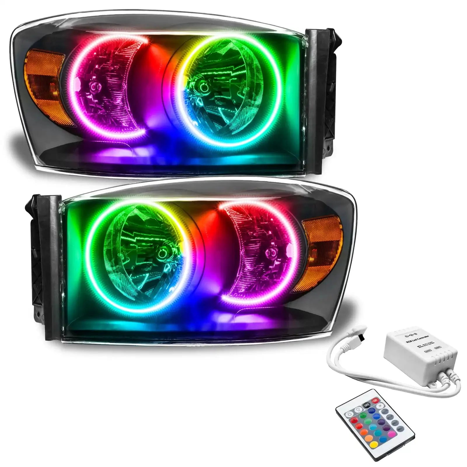 Pair of multicolor LED halo headlights with remote control for off-road vehicles