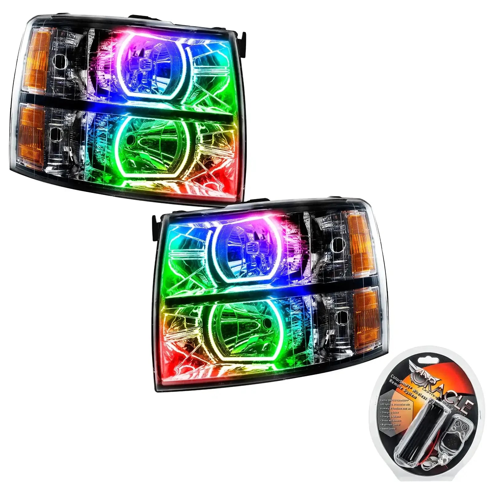 Pair of multicolor LED halo projector headlights with remote control for trucks or SUVs