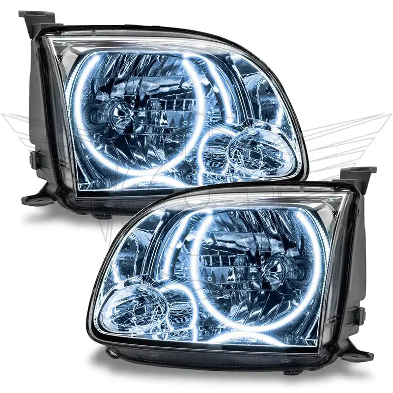 Pair of aftermarket LED halo projector headlights for Toyota 4Runner, clear lens, black housing