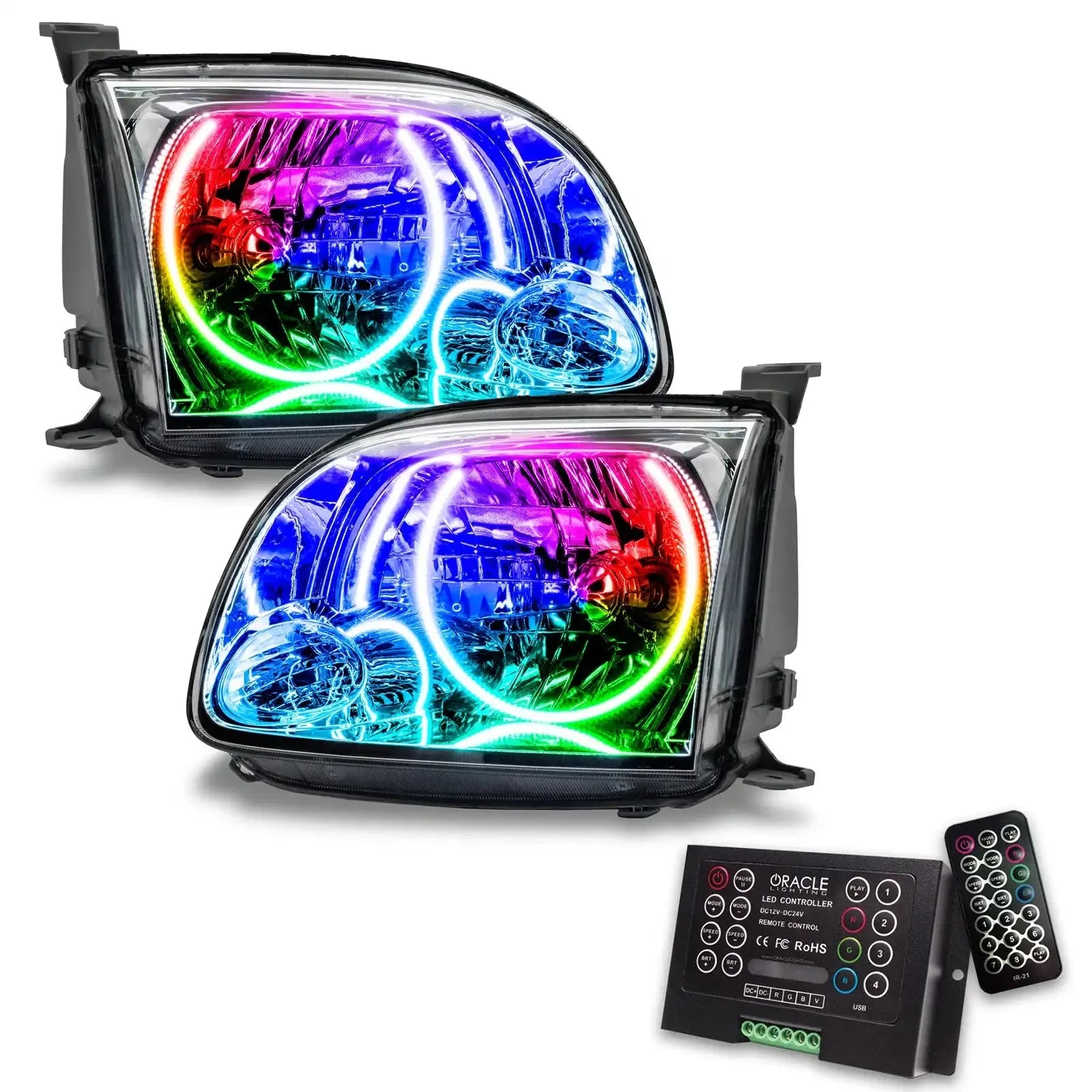 Pair of LED RGB halo headlights with remote control for Toyota Tacoma, colorful lighting effects