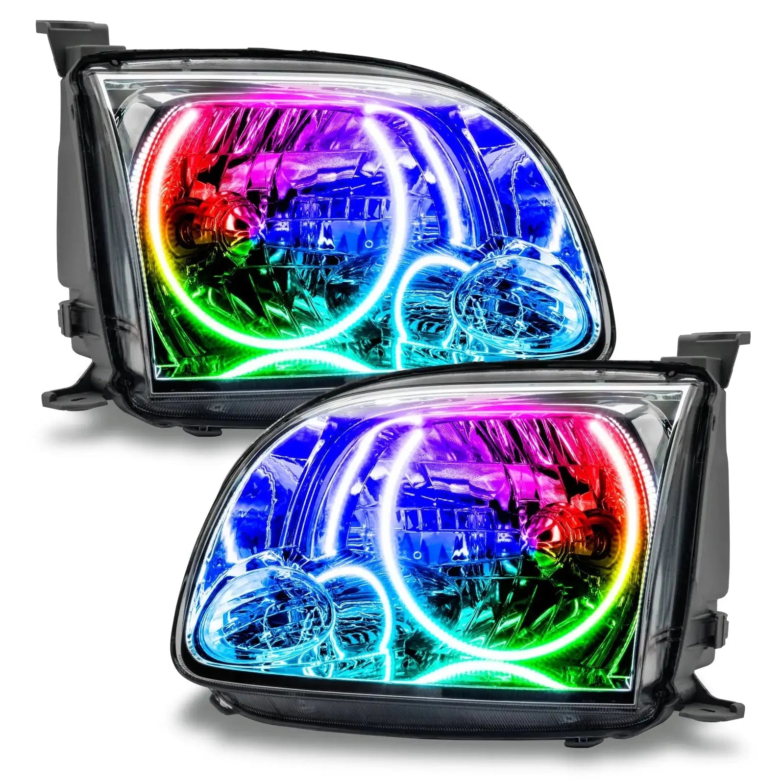 Pair of RGB halo projector headlights with multi-color LED rings for off-road vehicles