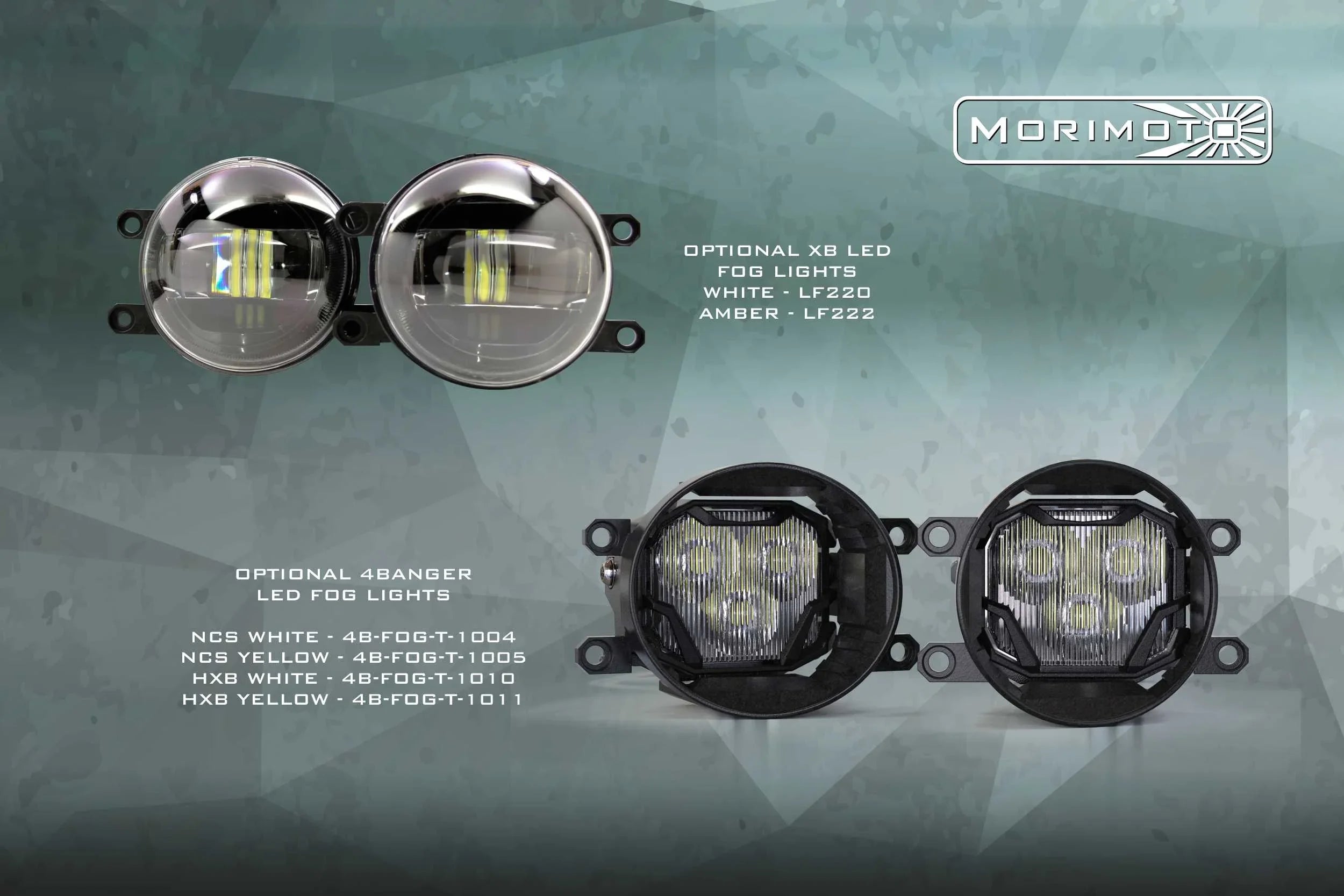 Morimoto XB LED fog lights and 4Banger LED fog lights for off-road vehicles on camo background