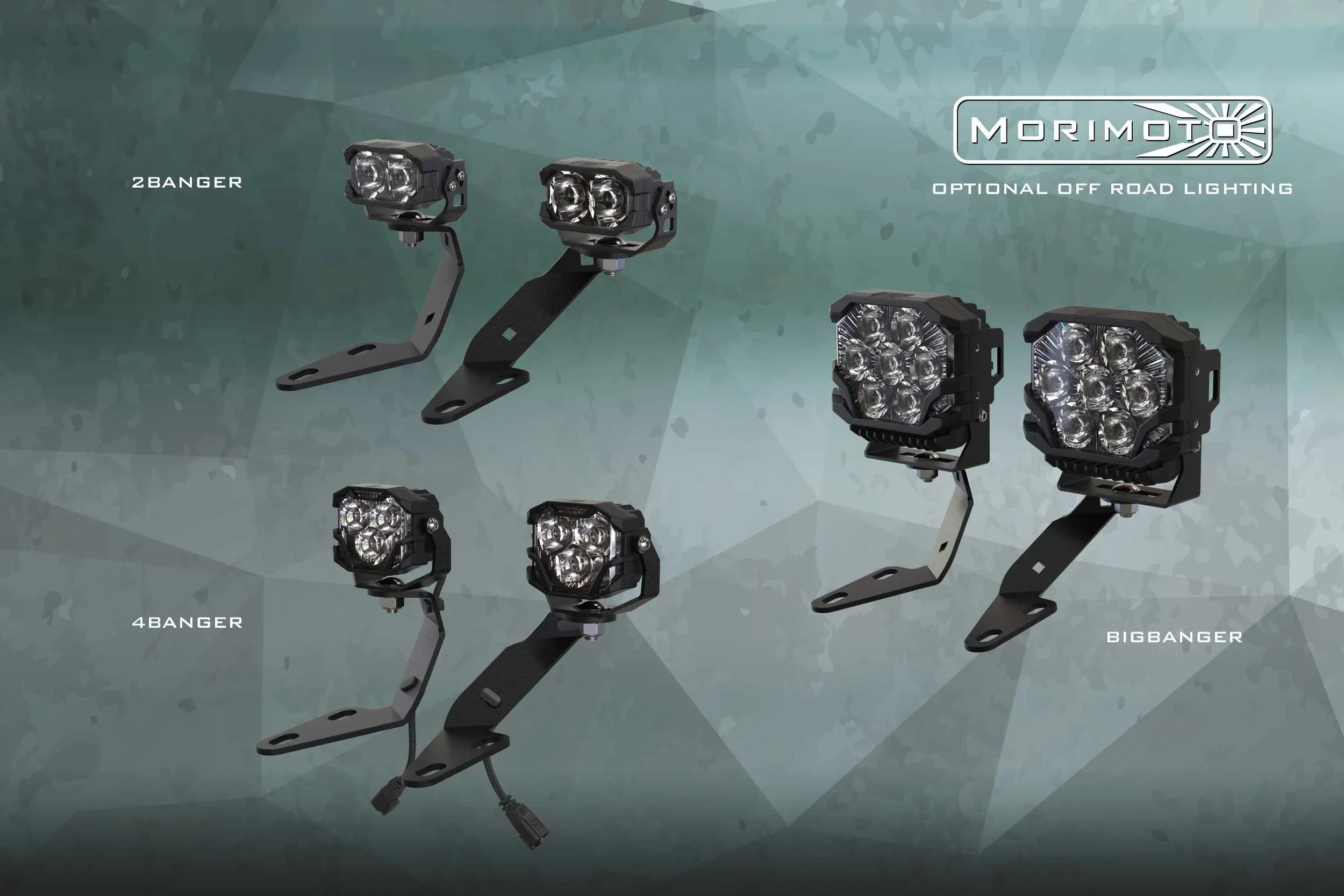 Morimoto off-road LED lights for vehicles in 2Banger, 4Banger, and BigBanger models on mounts