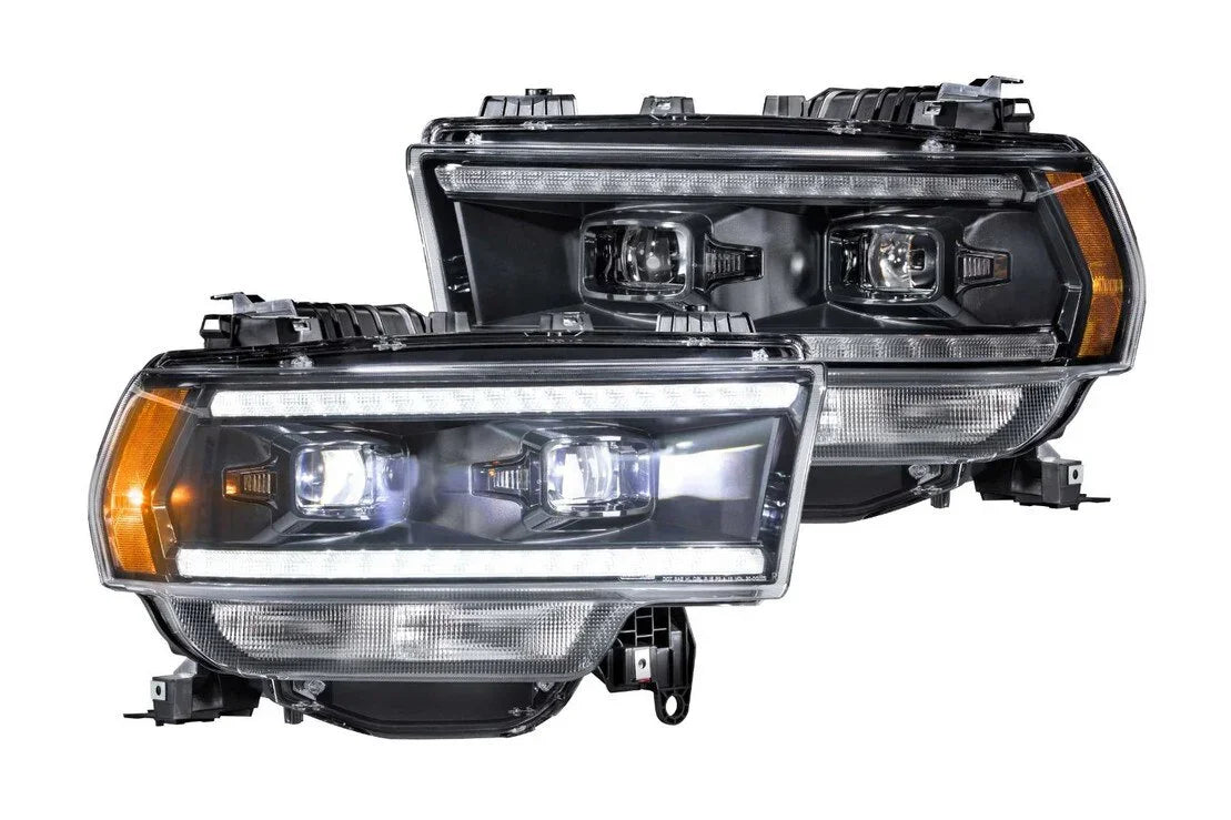 Pair of LED projector headlights for Toyota Tacoma with clear lens and amber accents