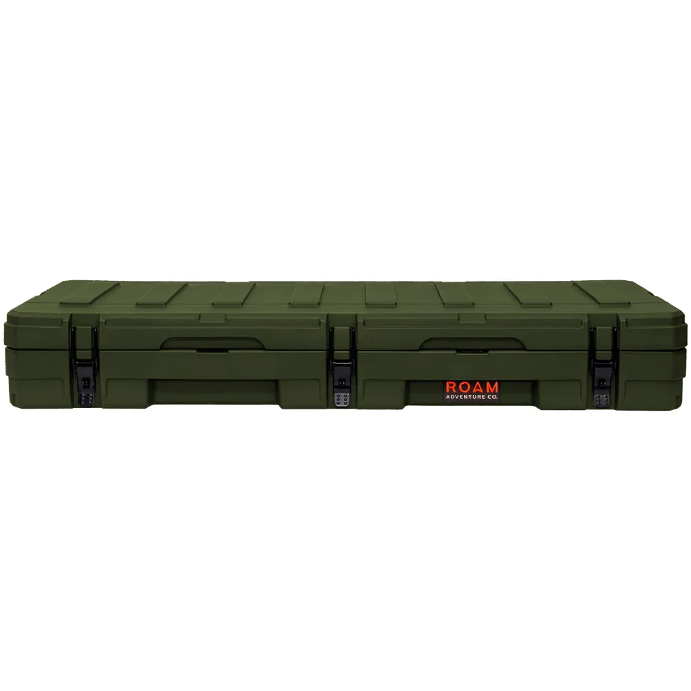 Olive green rooftop cargo storage box with secure latches for overlanding vehicles
