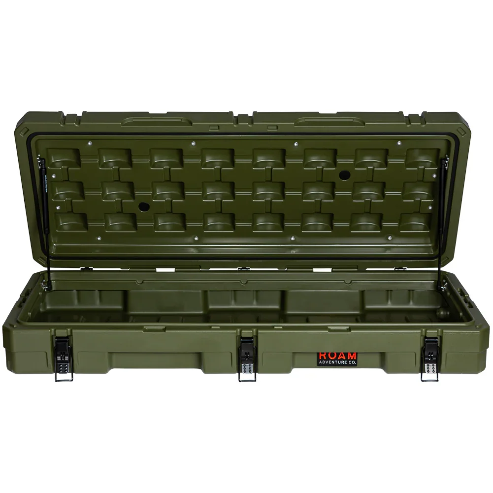 Open olive green rooftop cargo storage box with latches for overlanding vehicles
