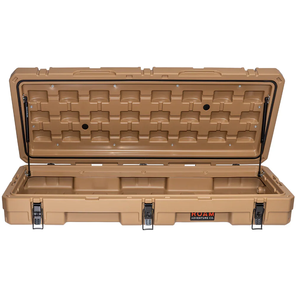 Tan heavy-duty overlanding storage case with open lid and secure latches