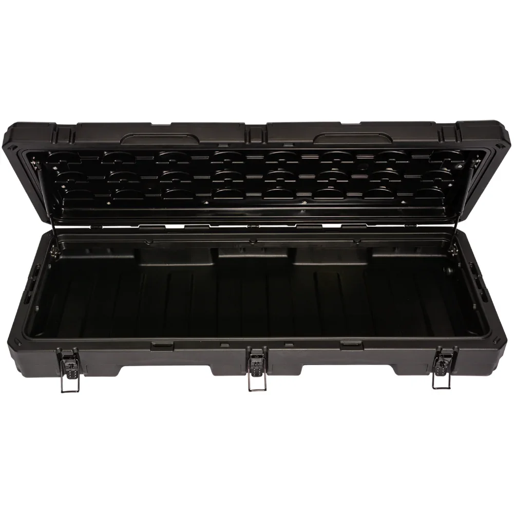 Heavy-duty black overlanding storage case with open lid and secure latches for vehicle gear