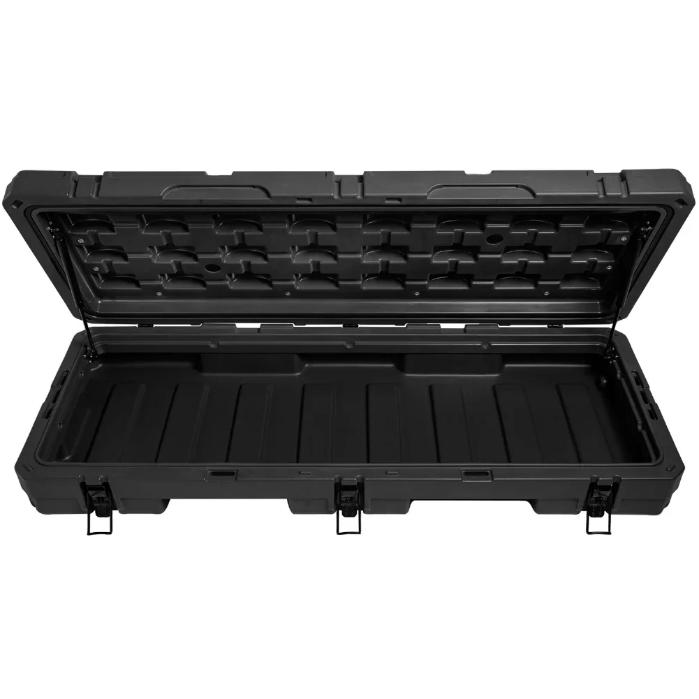 Black heavy-duty overland gear storage case with open hinged lid, latches, and rugged design