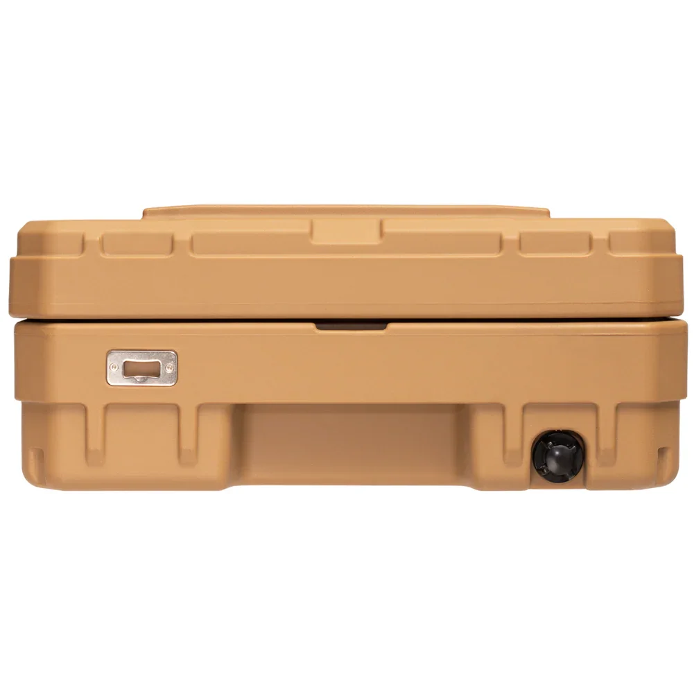 Tan hard shell storage case for overlanding and camping gear, viewed from the side.