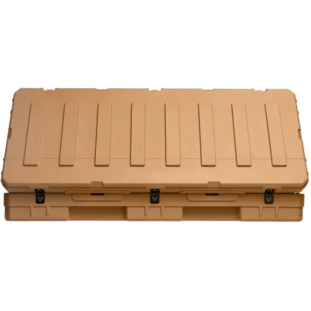 Tan overlanding rooftop storage box with ridged lid and latches, ideal for expedition gear