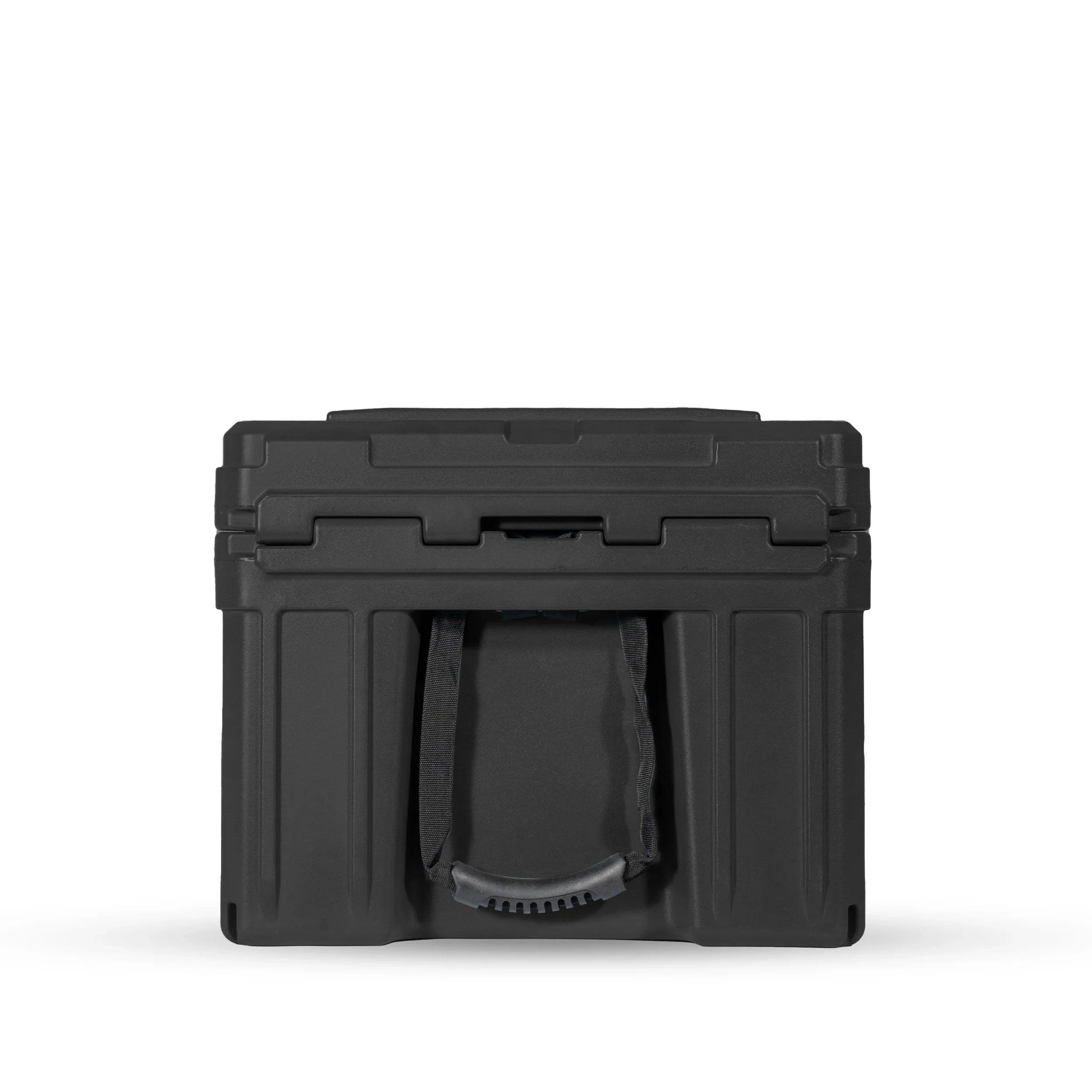 Black hard shell storage box with sturdy handle for overlanding and expedition gear