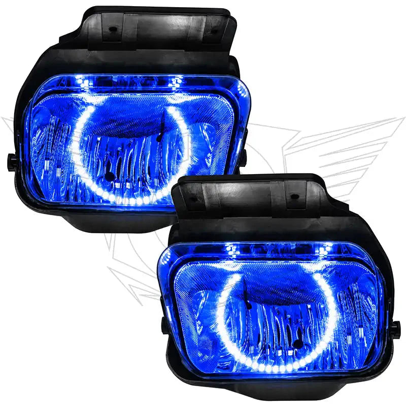 Pair of blue LED halo headlights for off-road vehicles, rectangular shape, black housing.