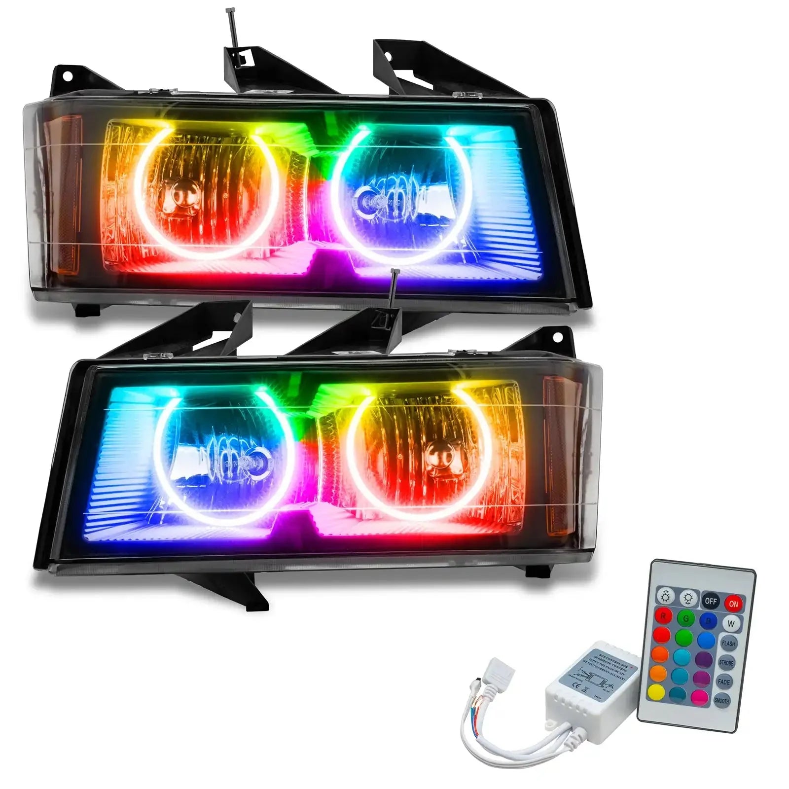 Pair of RGB LED halo headlights with remote control for Toyota Tacoma, vibrant color rings