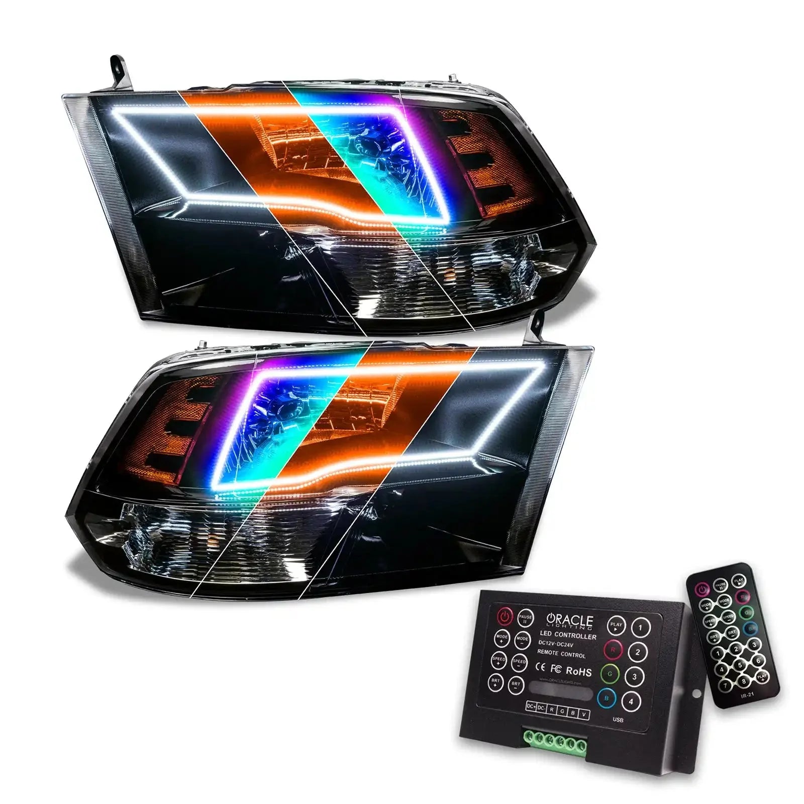LED projector headlights with multicolor halo for Toyota Tacoma, includes remote control module