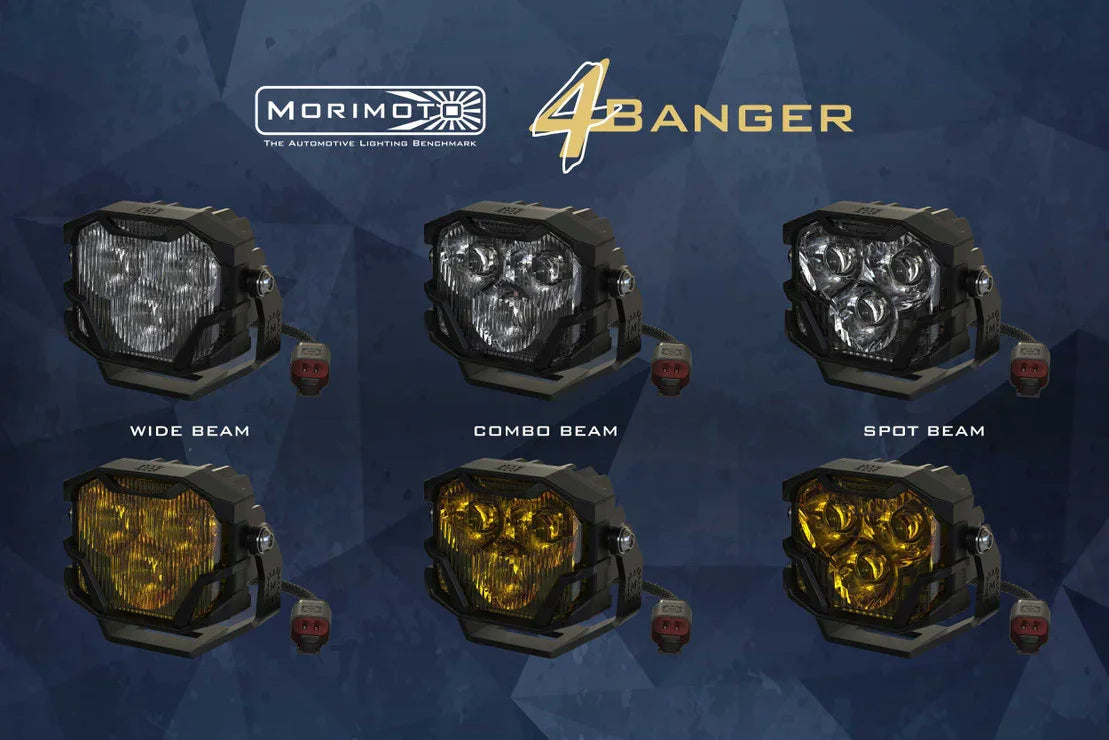 Morimoto 4Banger LED light pods in wide, combo, and spot beam patterns, white and yellow lenses, for off-road vehicles.