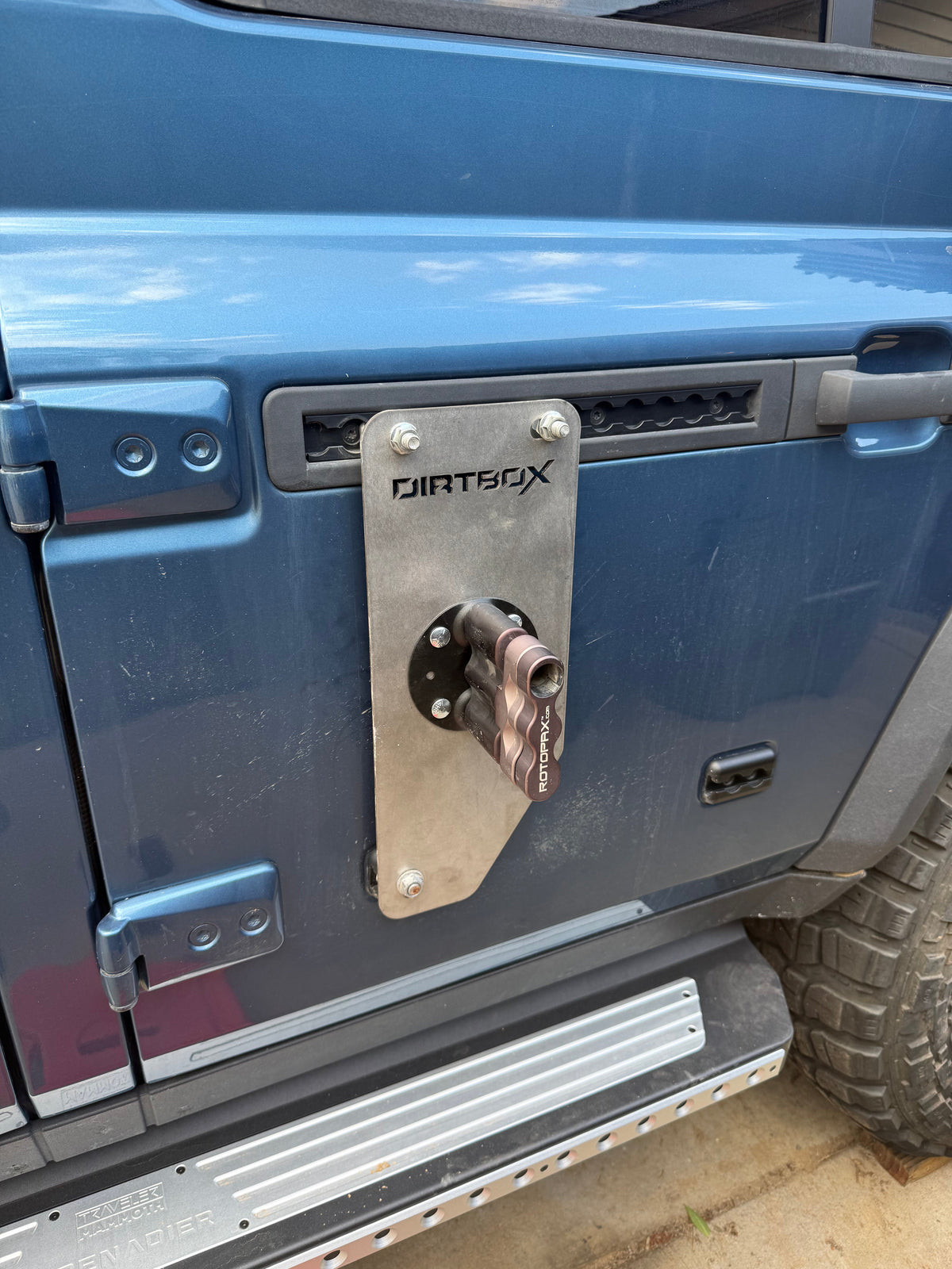 Dirtbox stainless side door RotopaX mount for INEOS Grenadier and Quartermaster