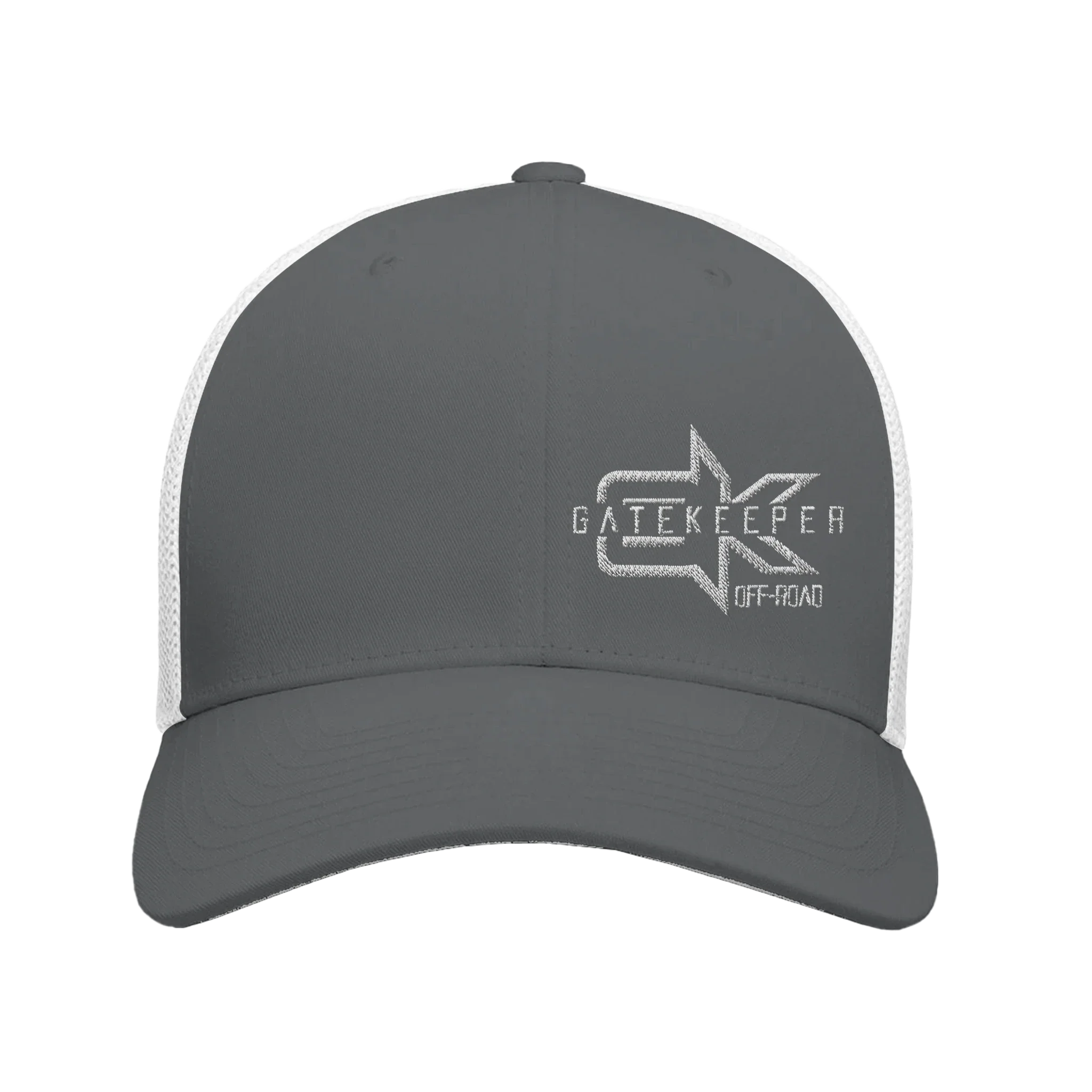 Gray and white trucker hat with Gatekeeper Off-Road logo, overlanding accessory