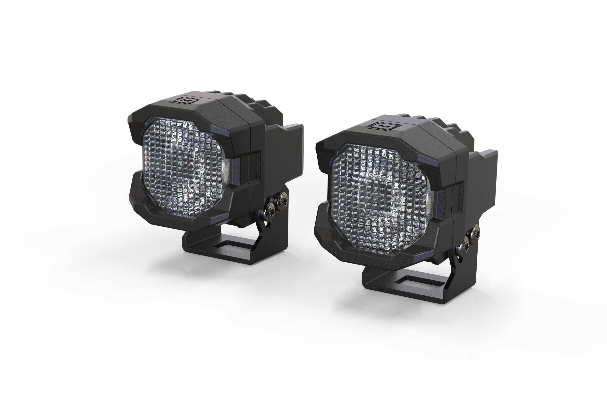 Pair of black off-road LED pod lights for trucks and SUVs on white background
