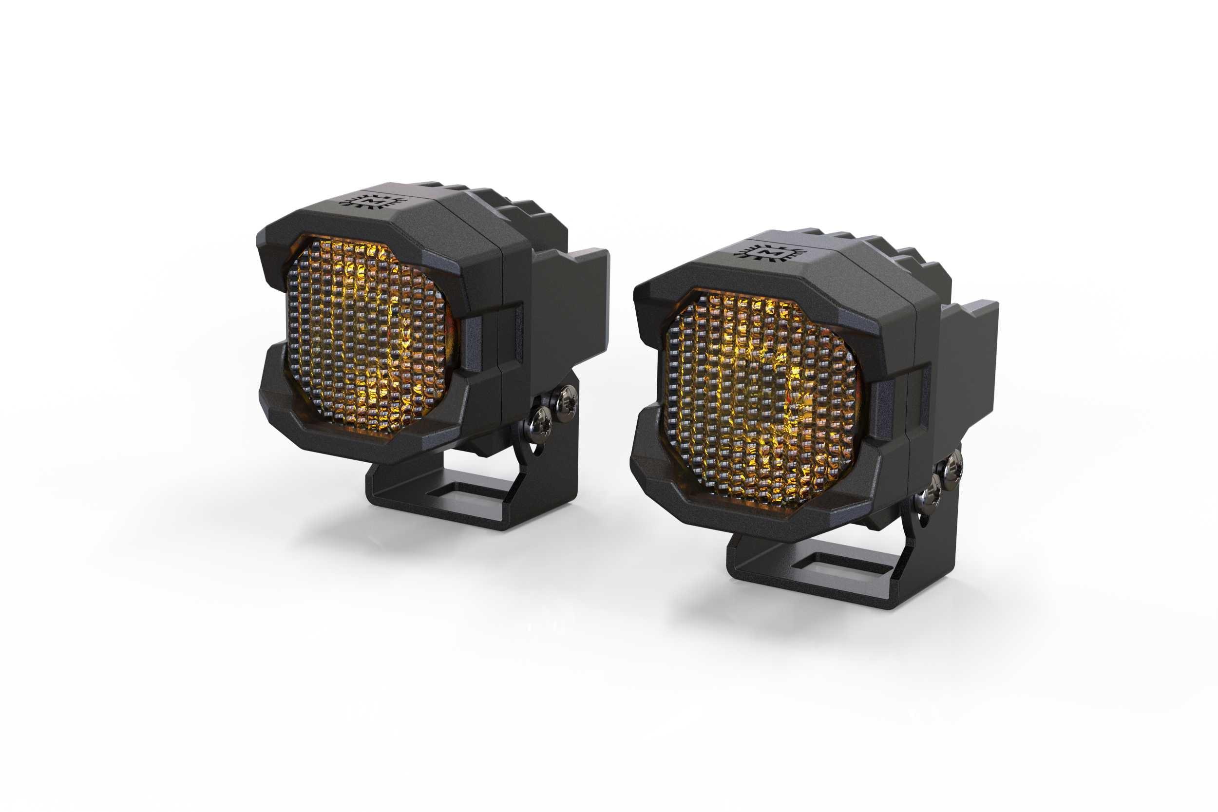Pair of amber LED off-road pod lights with black housing, for trucks and SUVs