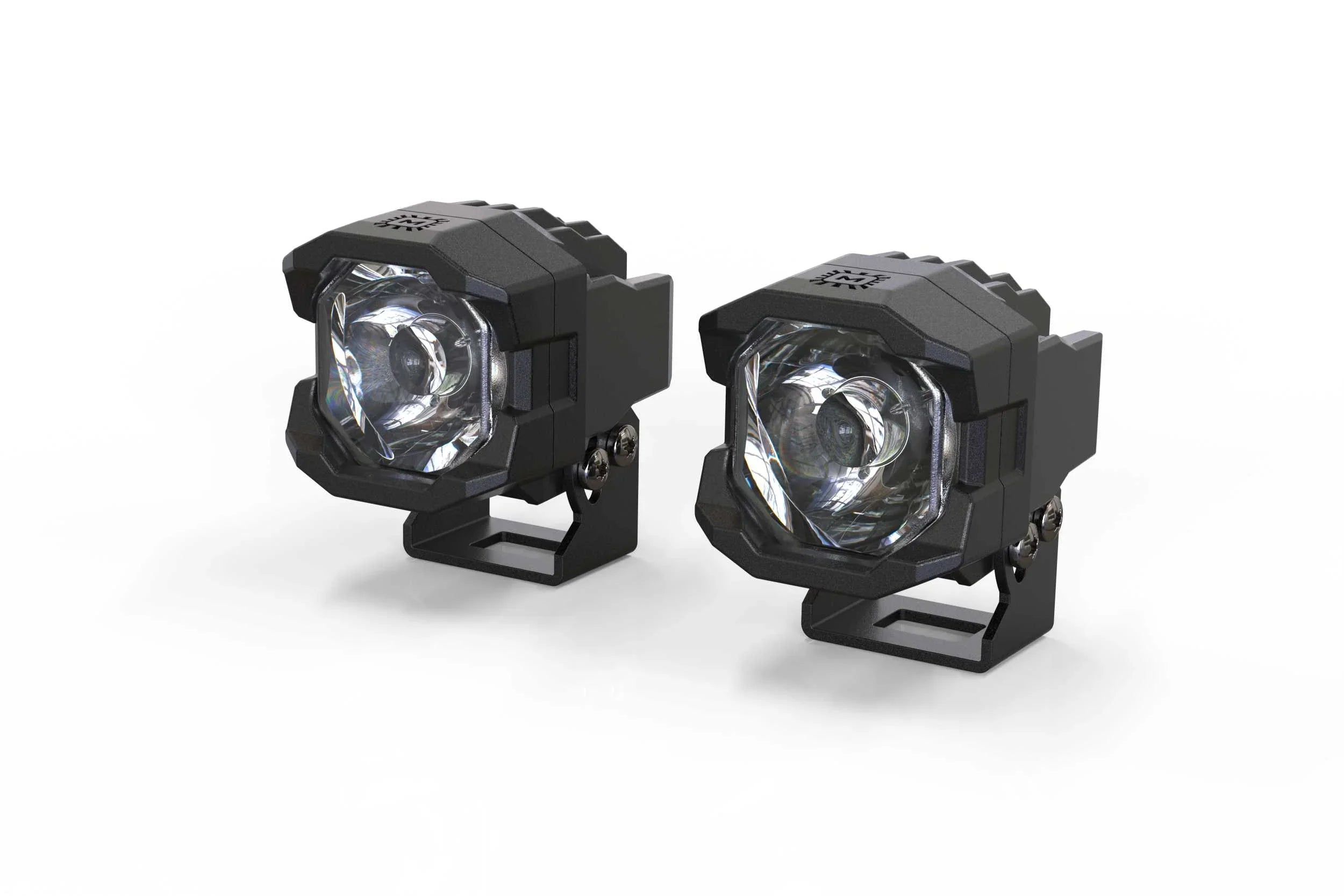Pair of black LED pod lights for off-road vehicles, rugged design, clear lenses