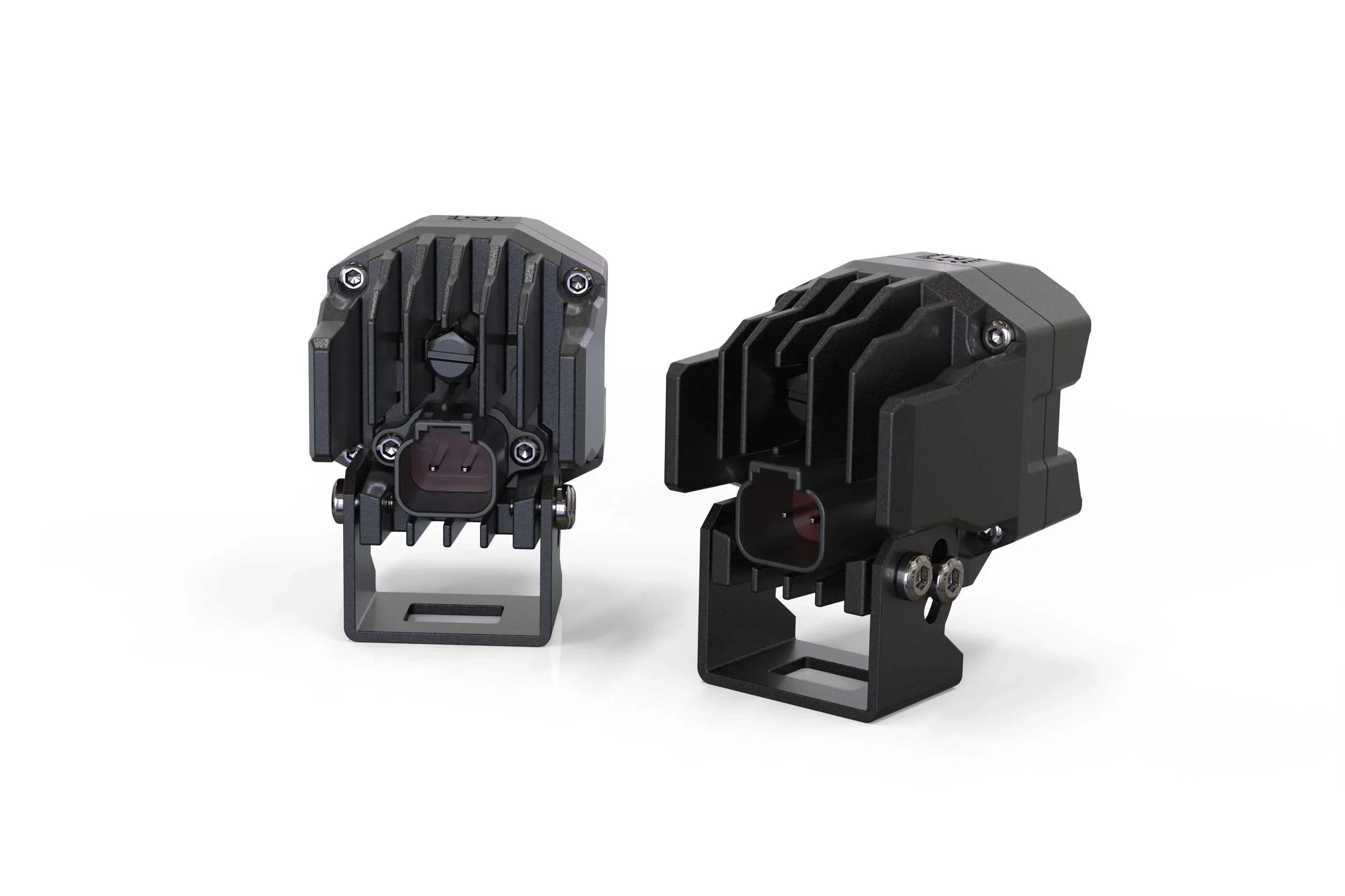 Pair of rugged, black off-road LED light pods with mounting brackets on a white background