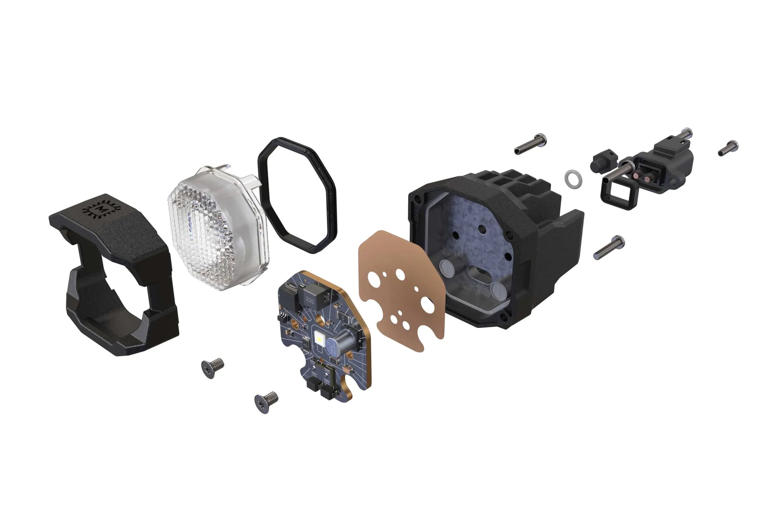 Exploded view of LED off-road light assembly with housing, lens, circuit board and screws