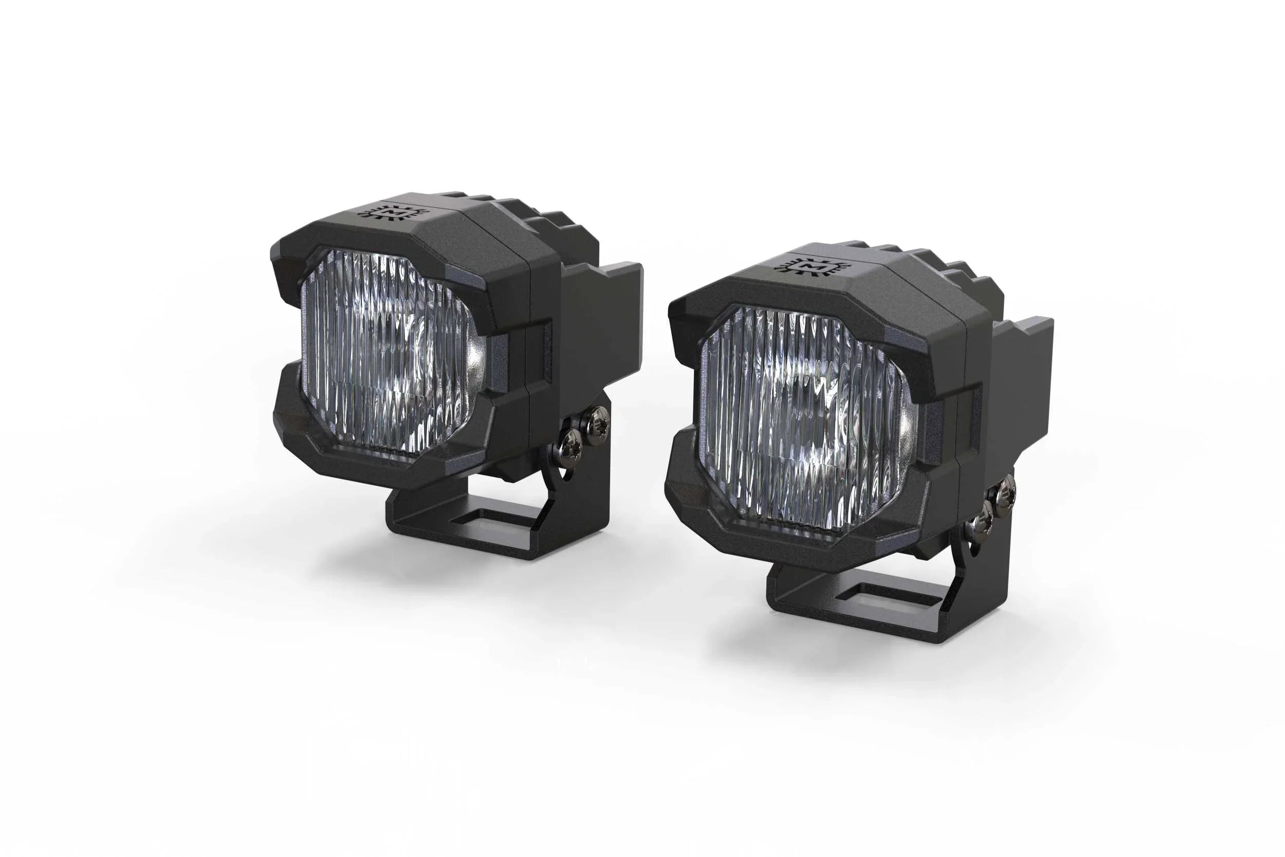 Pair of black off-road LED pod lights for trucks and SUVs on white background