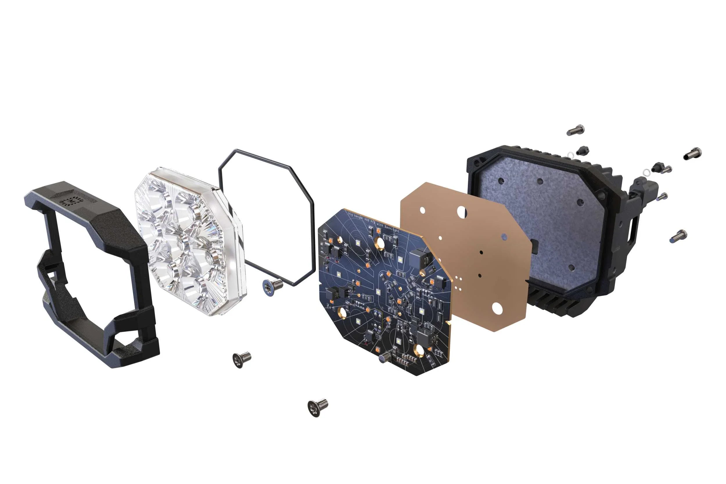 Exploded view of off-road LED light showing lens, circuit board, and housing components