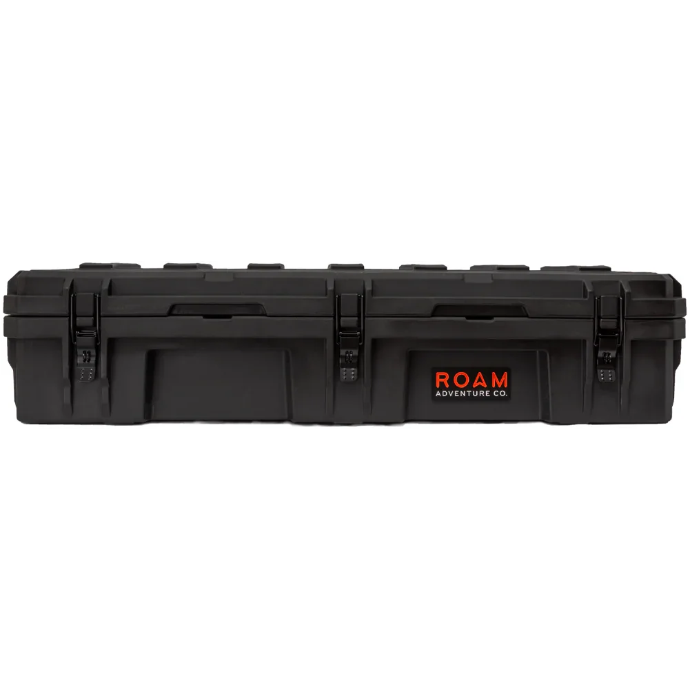 Black heavy-duty rooftop storage case with secure latches, ideal for overlanding gear