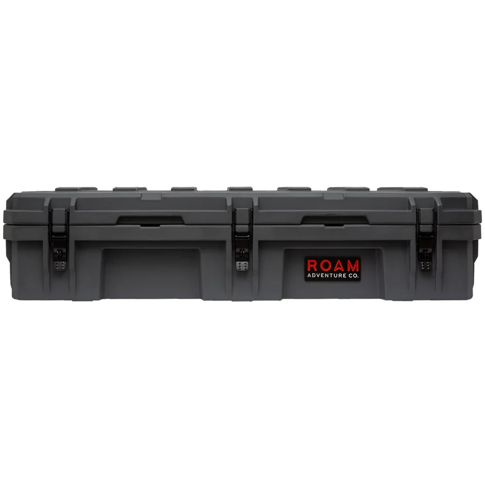 Black heavy-duty rooftop cargo storage box for overlanding and camping gear, ROAM Adventure Co.