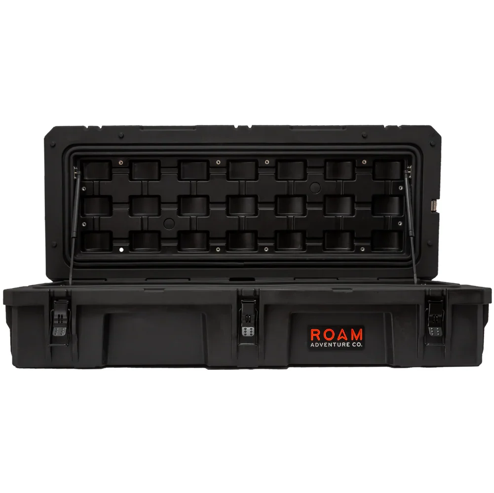 Black overland storage case open, heavy-duty latches, Roam Adventure Co. logo