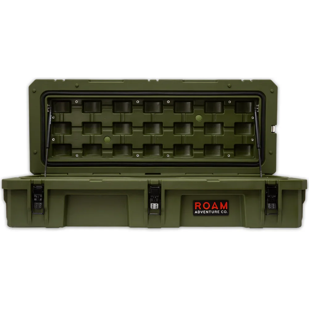 Olive green overland storage box with open lid, heavy-duty latches, and ROAM Adventure Co. logo.