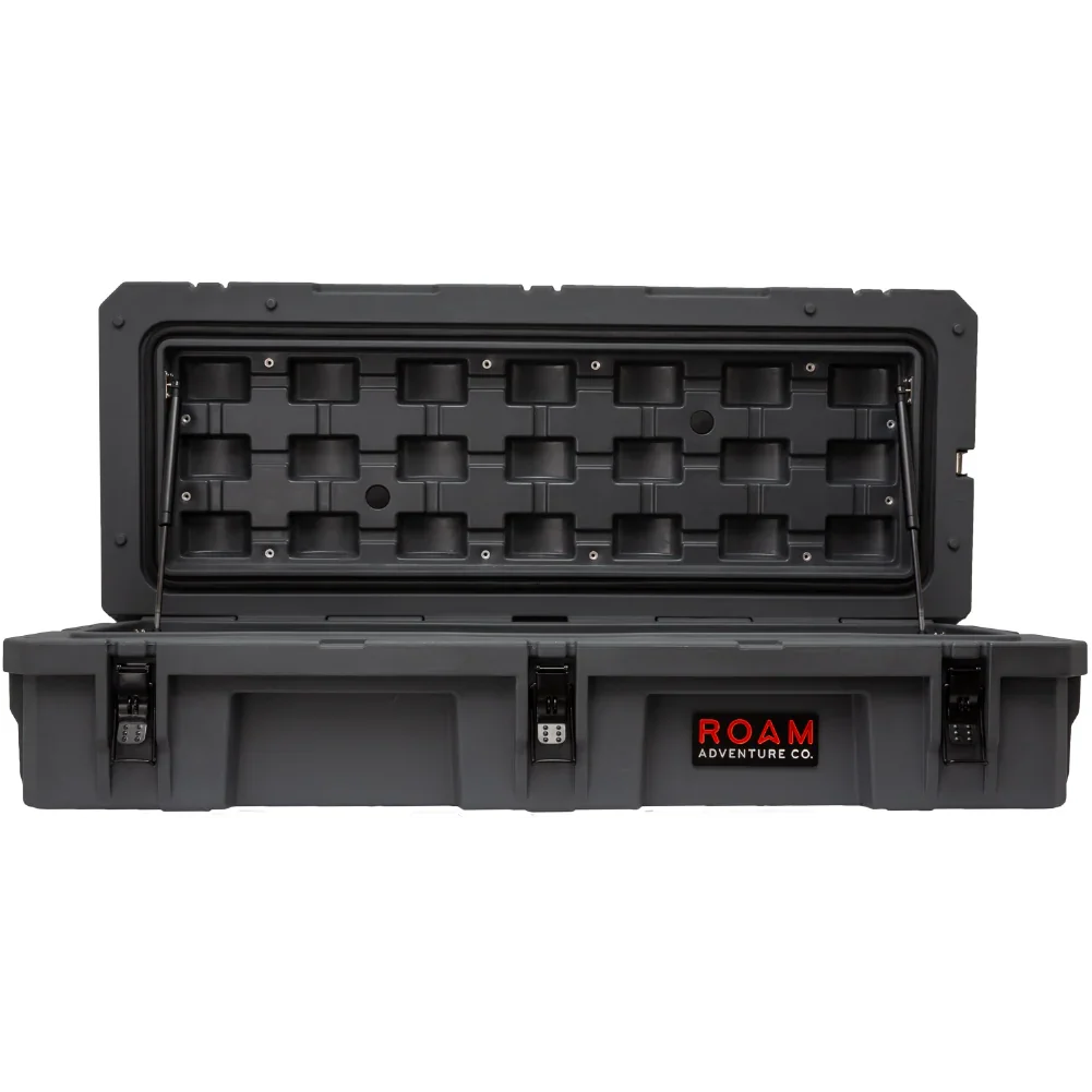 Open heavy-duty storage case with latches, ideal for overlanding and expedition gear