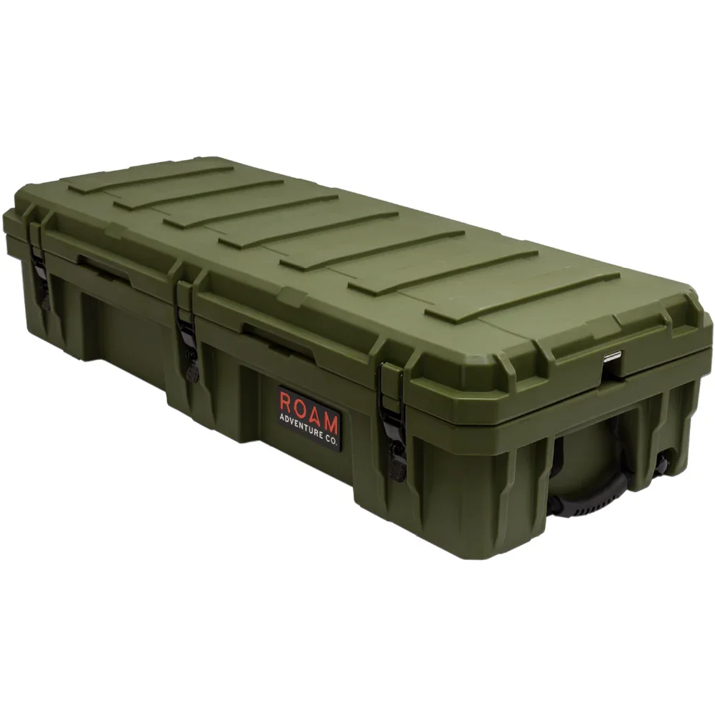 Olive green rooftop cargo storage case with latches, ideal for overlanding and camping gear.