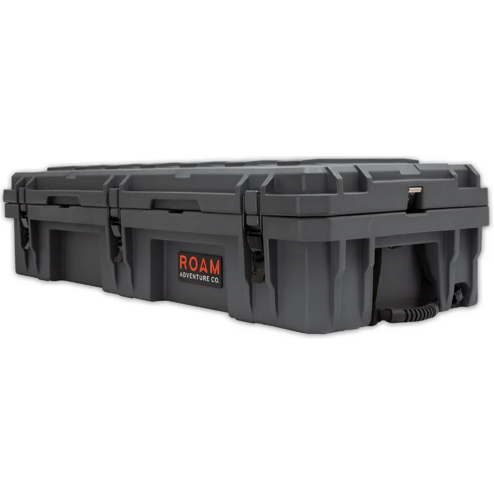 Heavy-duty gray storage case with black latches for overlanding and camping gear