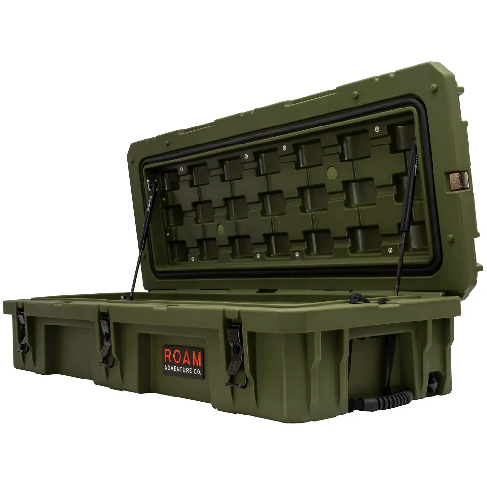 Olive green heavy-duty storage case with open lid, ideal for overlanding and camping gear.