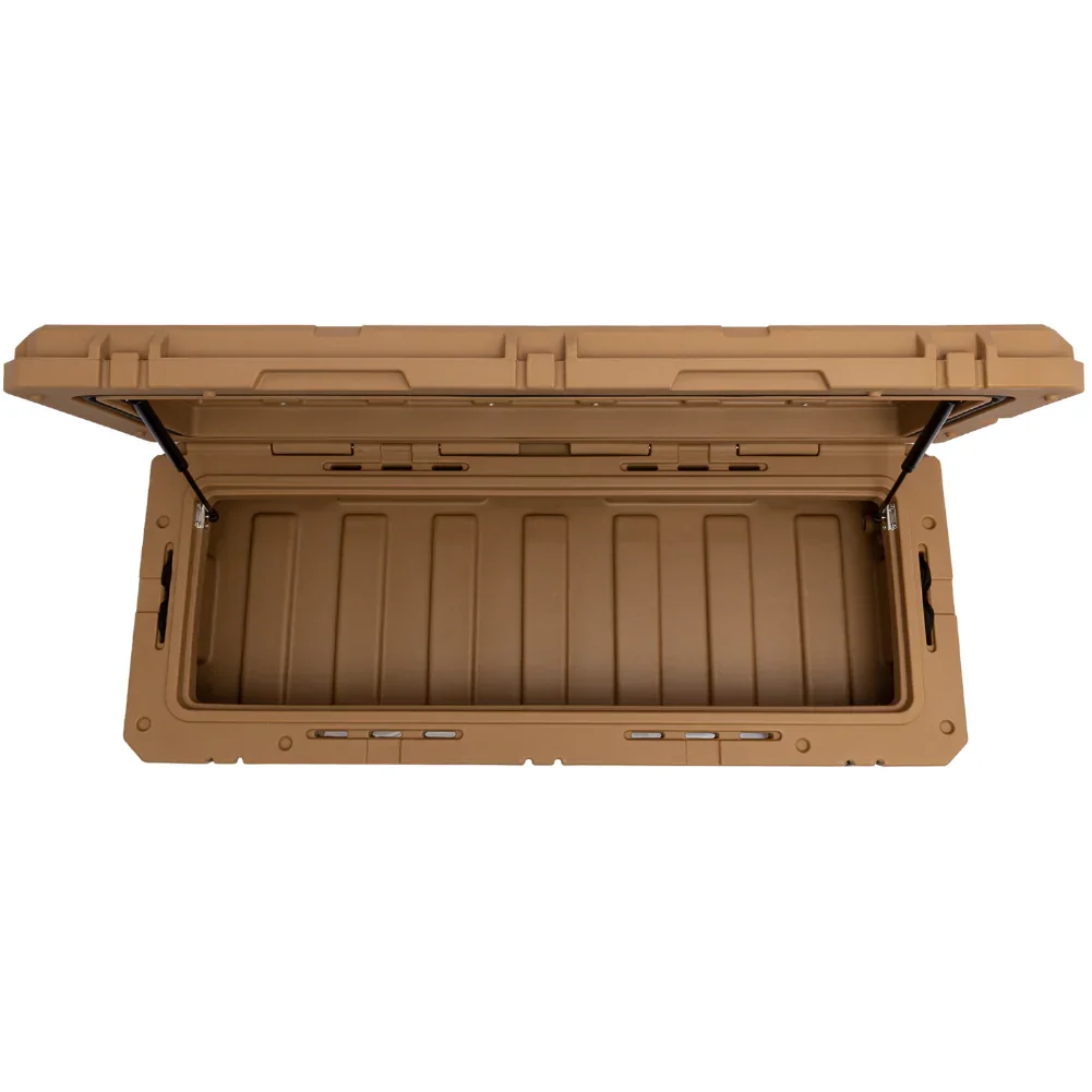 Tan overland storage box with open lid for expedition camping gear and vehicle accessories