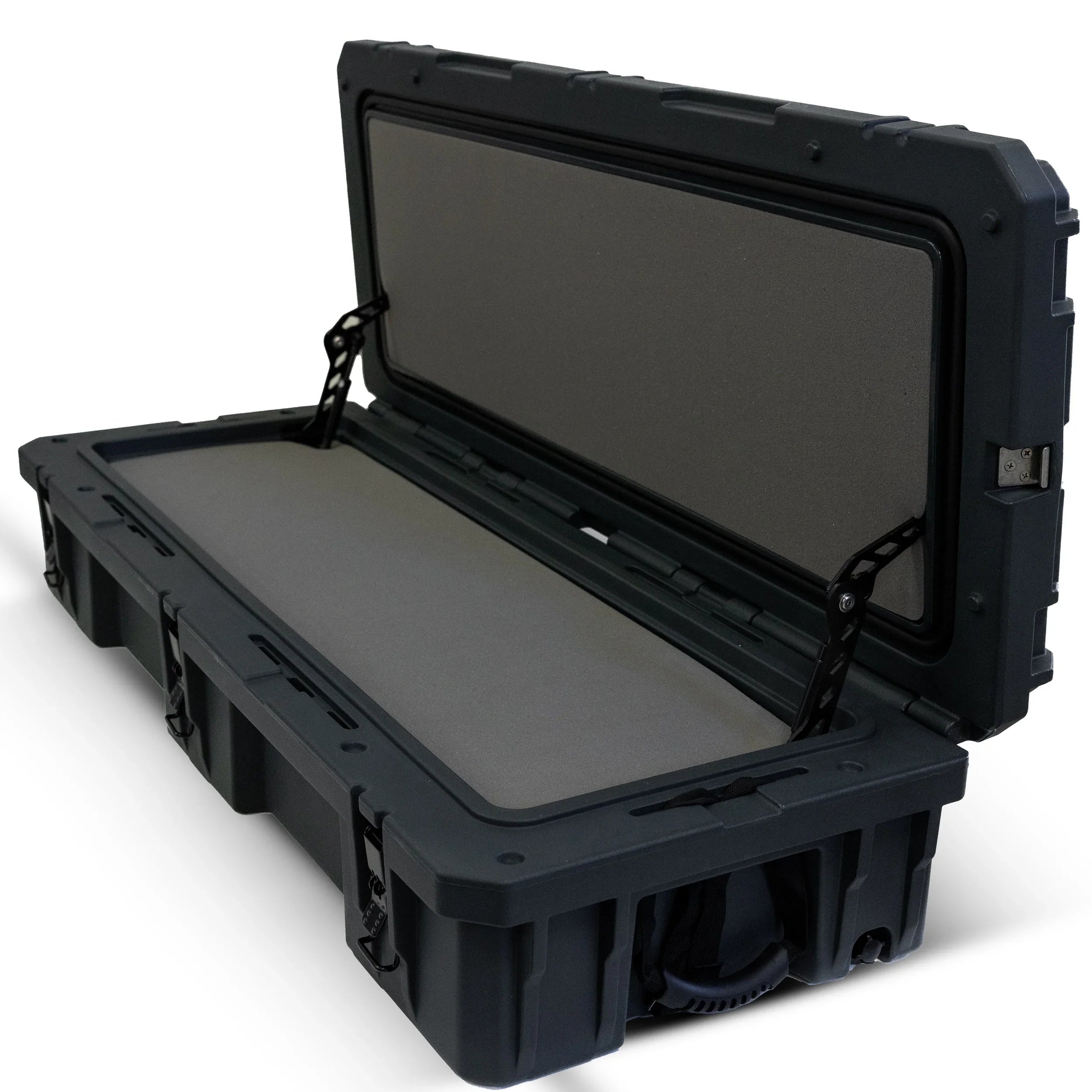 Heavy-duty black foam-lined storage case for camping and adventure gear, open view