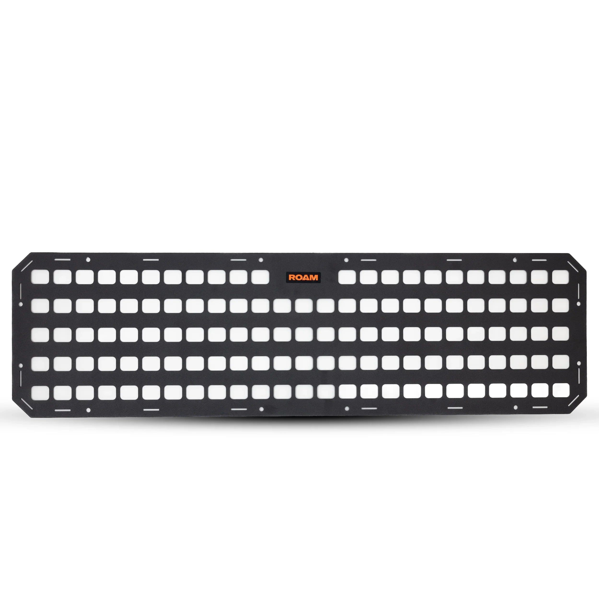 Black metal MOLLE panel for overlanding gear storage, rectangular grid design