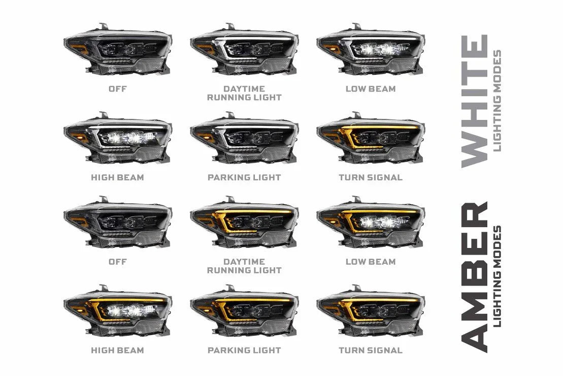 2023 Toyota Tacoma OLED Evo headlights showing white and amber lighting modes including off, daytime running, low beam, high beam, parking, and turn signal.