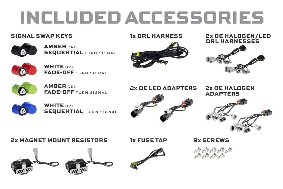 Tacoma XB Evo headlights kit accessories including harnesses, adapters, resistors, and signal swap keys.