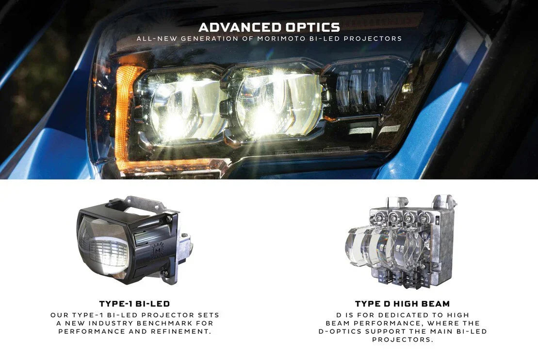 Close-up of Toyota Tacoma LED projector headlights and high beam modules for vehicle upgrades.