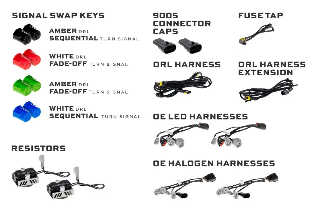 Assorted vehicle wiring accessories including signal swap keys, harnesses, resistors, and connectors.