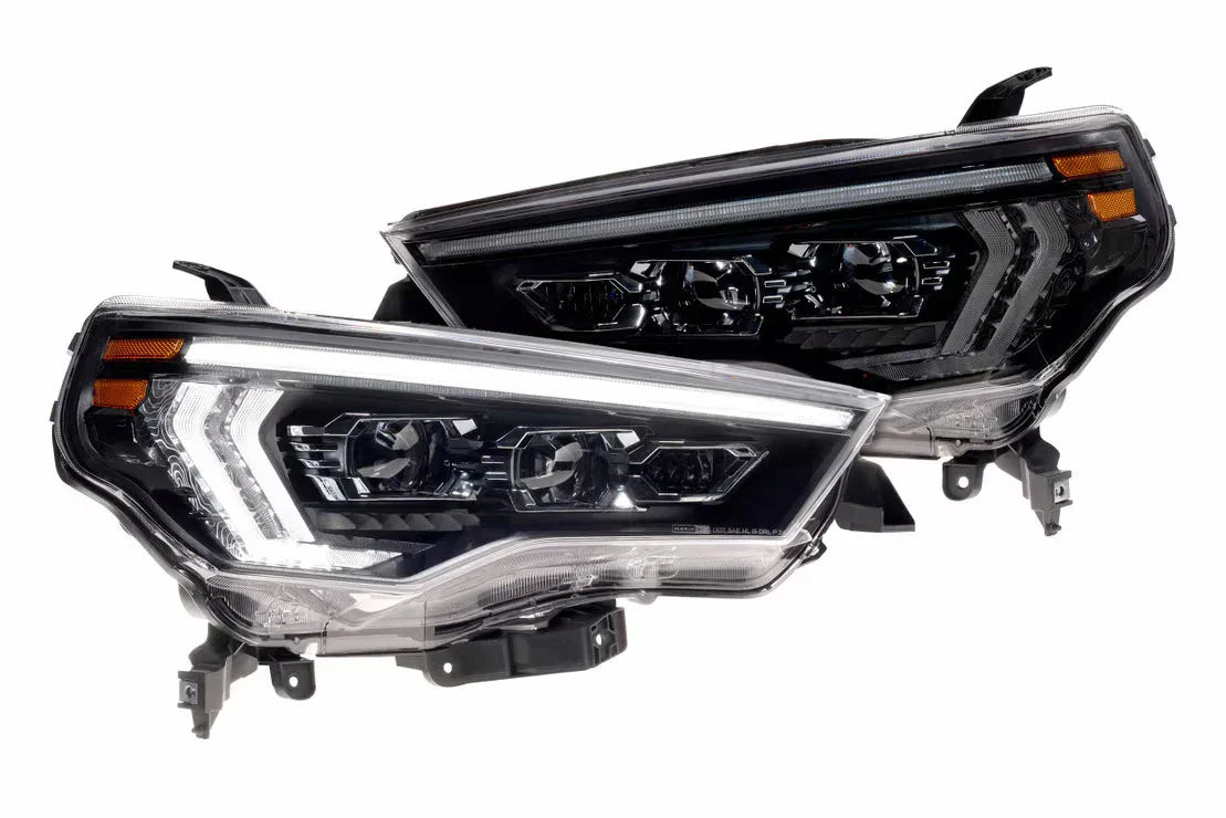 LED projector headlights for Toyota Tacoma, modern black housing, overland vehicle accessory