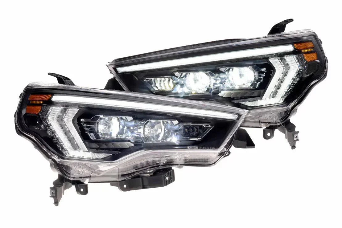 LED projector headlights pair for Toyota 4Runner, black housing, white DRL accents