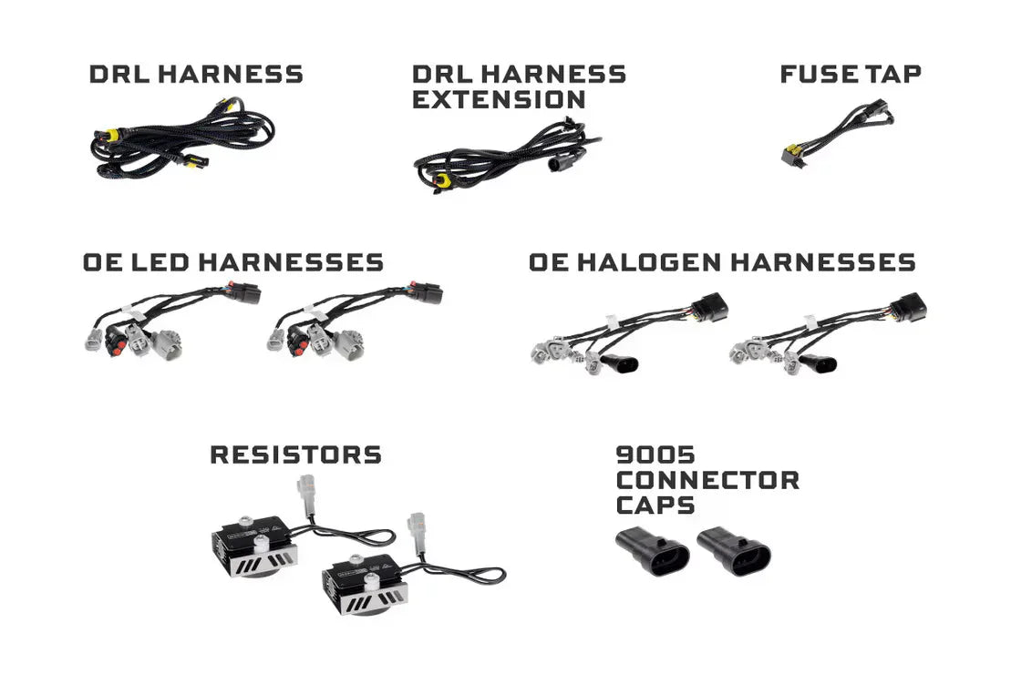 Automotive wiring harness components set including DRL harness, OE LED harnesses, resistors, and connector caps for vehicle lighting upgrades.