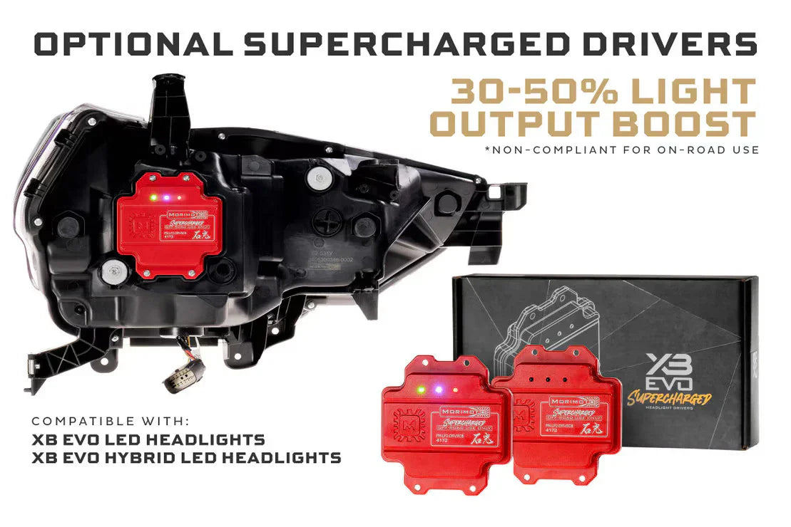 XB EVO supercharged LED headlight drivers for off-road vehicles, red modules shown